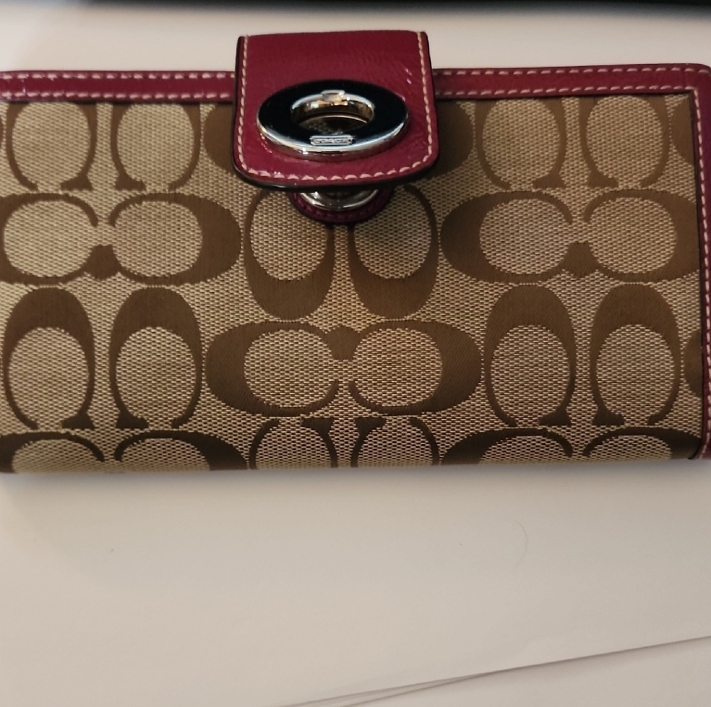 Coach Tan and Burgundy Signature Wallet